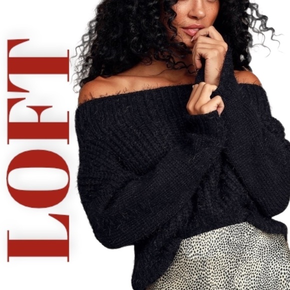 LOFT Black Fuzzy Off-The-Shoulder Sweater, Size Medium - Picture 1 of 9